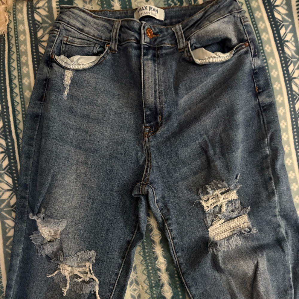 Wax Jean Women's Distressed Blue Boyfriend Jeans - Picture 1 of 5